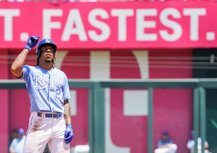 Jun 20, 2021; Kansas City, Missouri, USA; Kansas City Royals shortstop Adalberto Mondesi (27) celebrates after hitting a ground rule double in the third inning against the Boston Red Sox at Kauffman Stadium. Mandatory Credit: Denny Medley-USA TODAY Sports